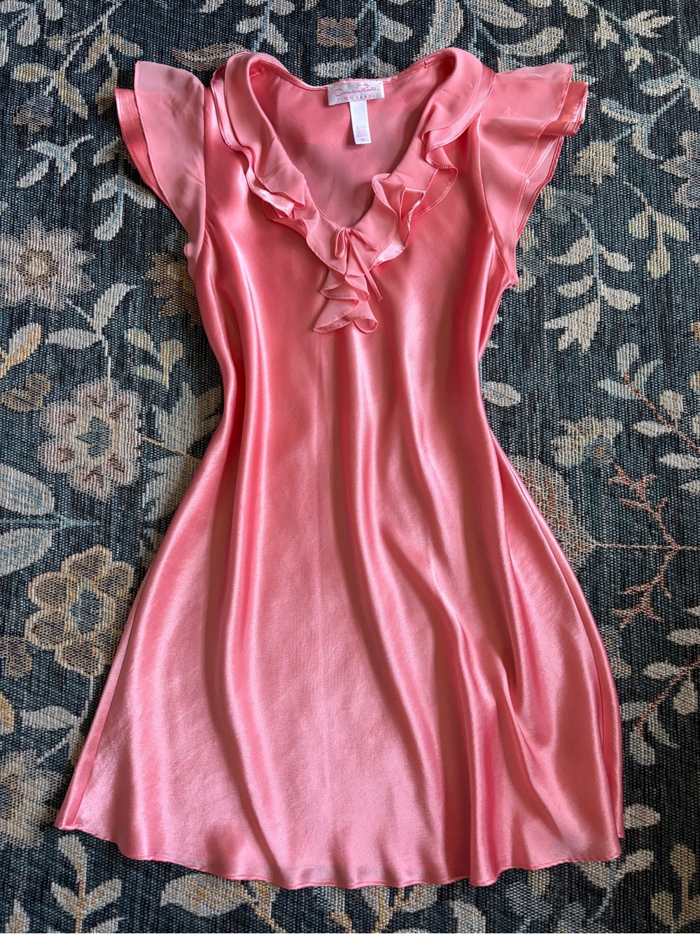 Oscar de la Renta Pink Label Satin Ruffle Chemise Slip Dress Size M